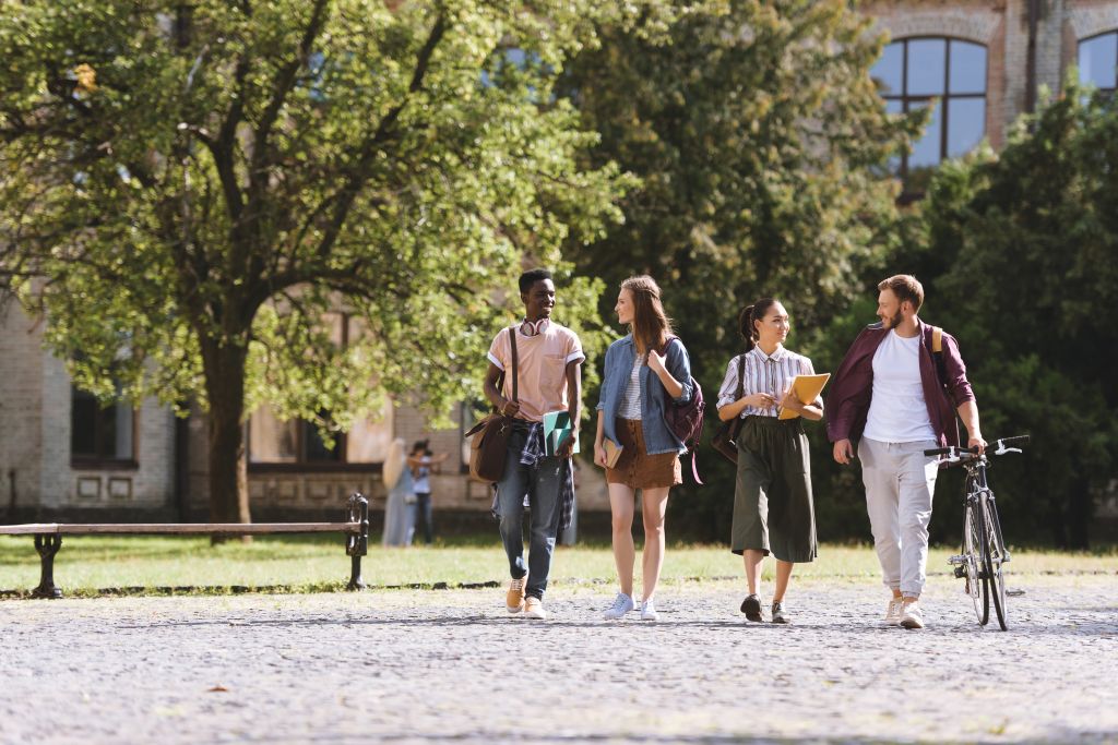 Four students walking outside on a sunny day on a college campus' grounds