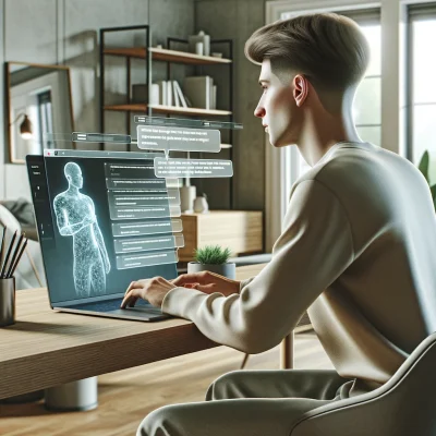 Non-binary individual engaging with ChatGPT on a laptop in a modern home office setting. The person is viewed from the side, with a short, styled haircut and dressed in neutral, contemporary clothing. The office is decorated minimally with a sleek desk and green plants, enhancing a relaxed atmosphere. The laptop screen clearly displays a ChatGPT conversation with text bubbles, illustrating an intellectual and interactive dialogue. This image emphasizes practical technology use for personal exploration and critical thinking.