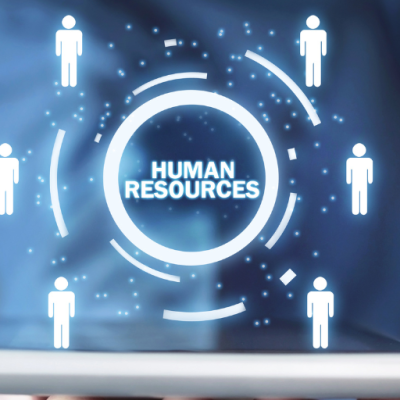 The words "human resources" with six 'person' icons around it, coming out of a tablet as if it's a hologram