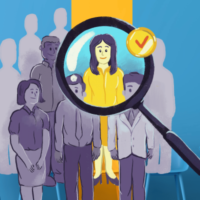 A drawing of a group of people, most of which are in grayscale with the exception of the woman in the center. The woman is highlighted by a magnifying glass with a check mark on it. The background is blue with blue chairs and a wide yellow stripe in the middle.
