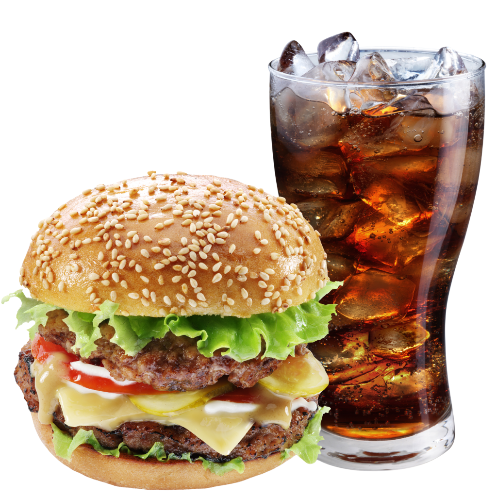 An image of a cheeseburger and a soda