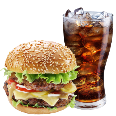 A cheeseburger and a soda